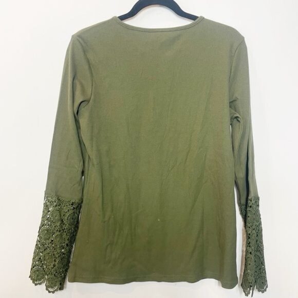 Basic Henley Lace Crochet Long Sleeve Blouse Casual Green Ribbed Knit Size Large - Picture 3 of 8
